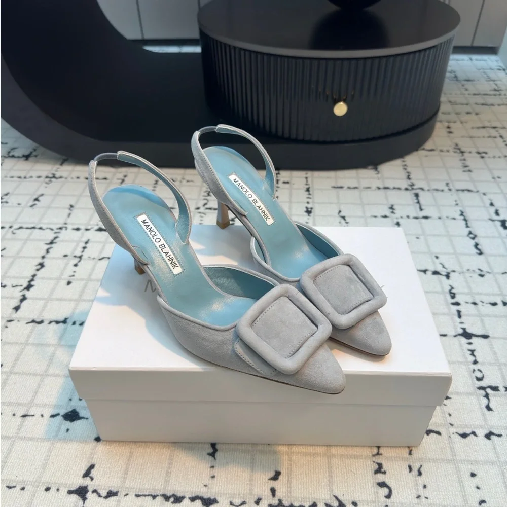Manolo Blahnik Light Gray Suede Pointed Slingback Pumps with Buckle